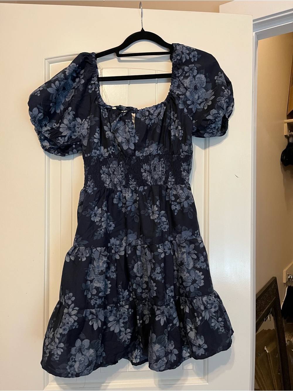 Blush Navy and Light Blue Floral Dress with Puff Sleeves